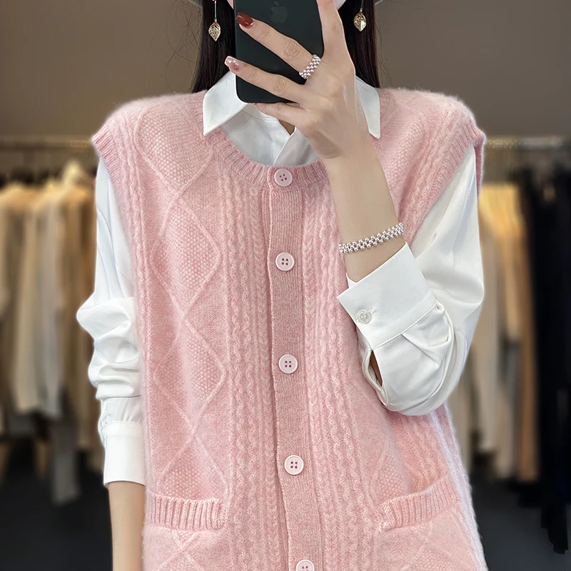 

4 colors Casual Cashmere Vest Women's Knitted Sleeveless Cardigan Sweater Loose O-Neck Hot Selling Women's 100% Pure Wool Vest