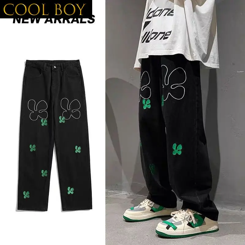 

J GIRLS Black Men's Jeans Fashion Embroidery Baggy Denim Trousers Spring Vintage Straight Wide Pants Oversized Male Bottoms Y2K