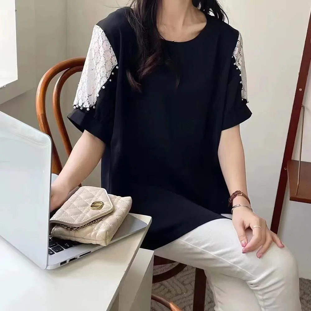 

T-shirt New Pleated Contrast Color Stitching Fungus Edge Round Neck T-shirt Elegant Chic Short Sleeve 2022 Summer Korea Japan