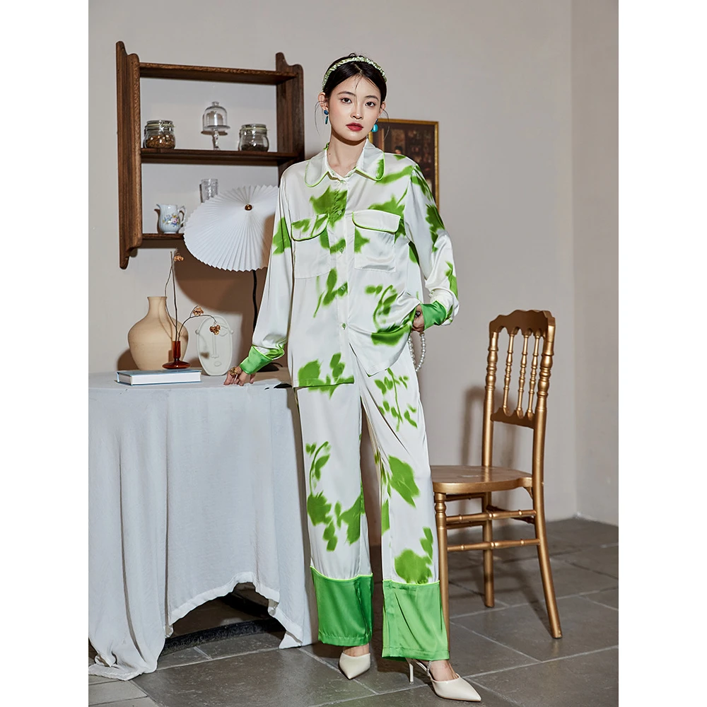Maison Gabrielle 2022 Spring Summer Abstract Watercolor Printed Pajamas Set Loungewear Sleepwear for Women 2 Pieces Long Sleeve