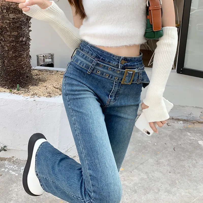 

Flare Jeans Women Sashes Skinny Sexy Elastic Slim Autumn Full Length Trousers Vintage Casual Y2k Pants Streetwear
