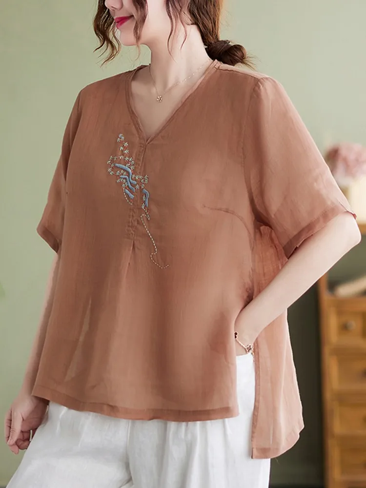 

Women Cotton Linen Casual T-shirts New 2022 Summer Vintage Style V-neck Embroidery Loose Female Short Sleeve Tops Tees B1789