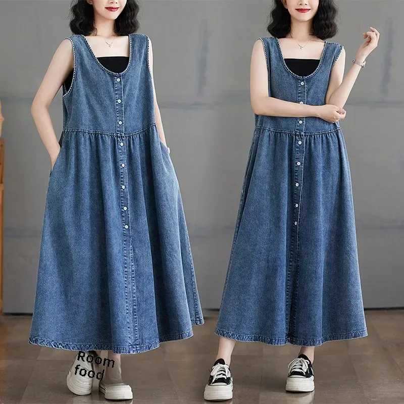 Женское джинсовое платье без рукавов повседневное свободное летнее тонкое