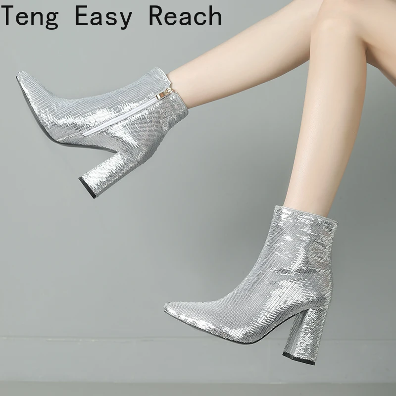 

Autumn/Winter Women's Silver Sequined Ankle Boots Fashion Women's Pointy Chunky Heel Zipper Women's PROM High-heeled Ankle Boots