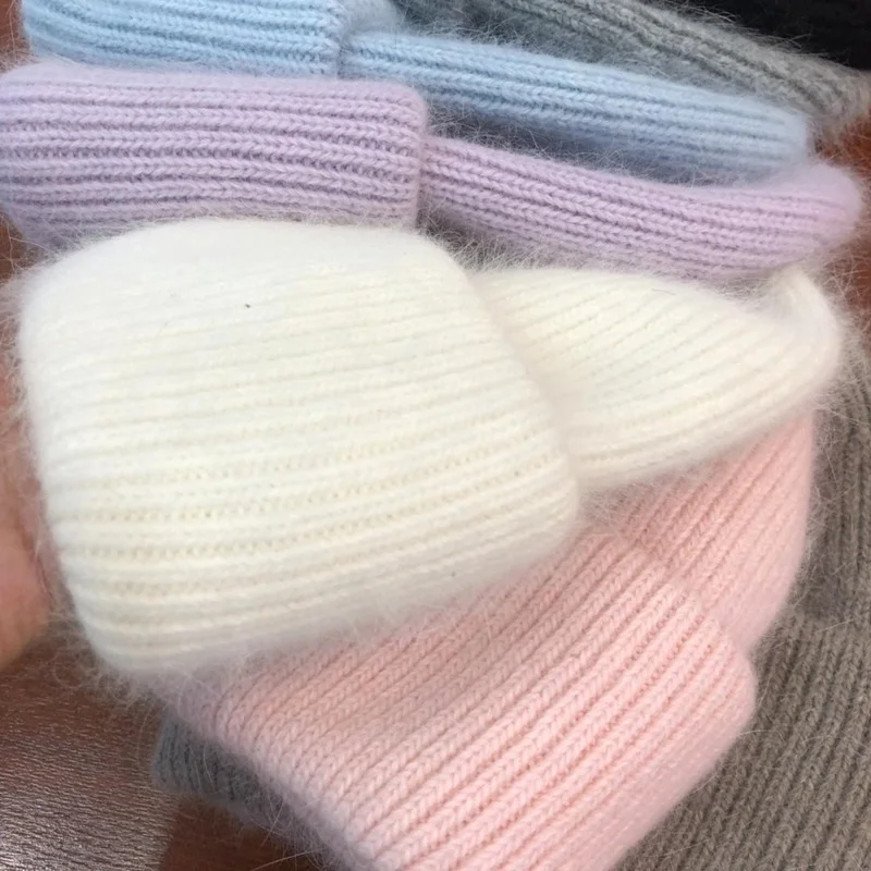 

2021 Fashion Fabbit Fur Soft Warm Fluffy Winter Hat for women Angora Knitted Hat skullies beanies Female bonnet woman knit Cap