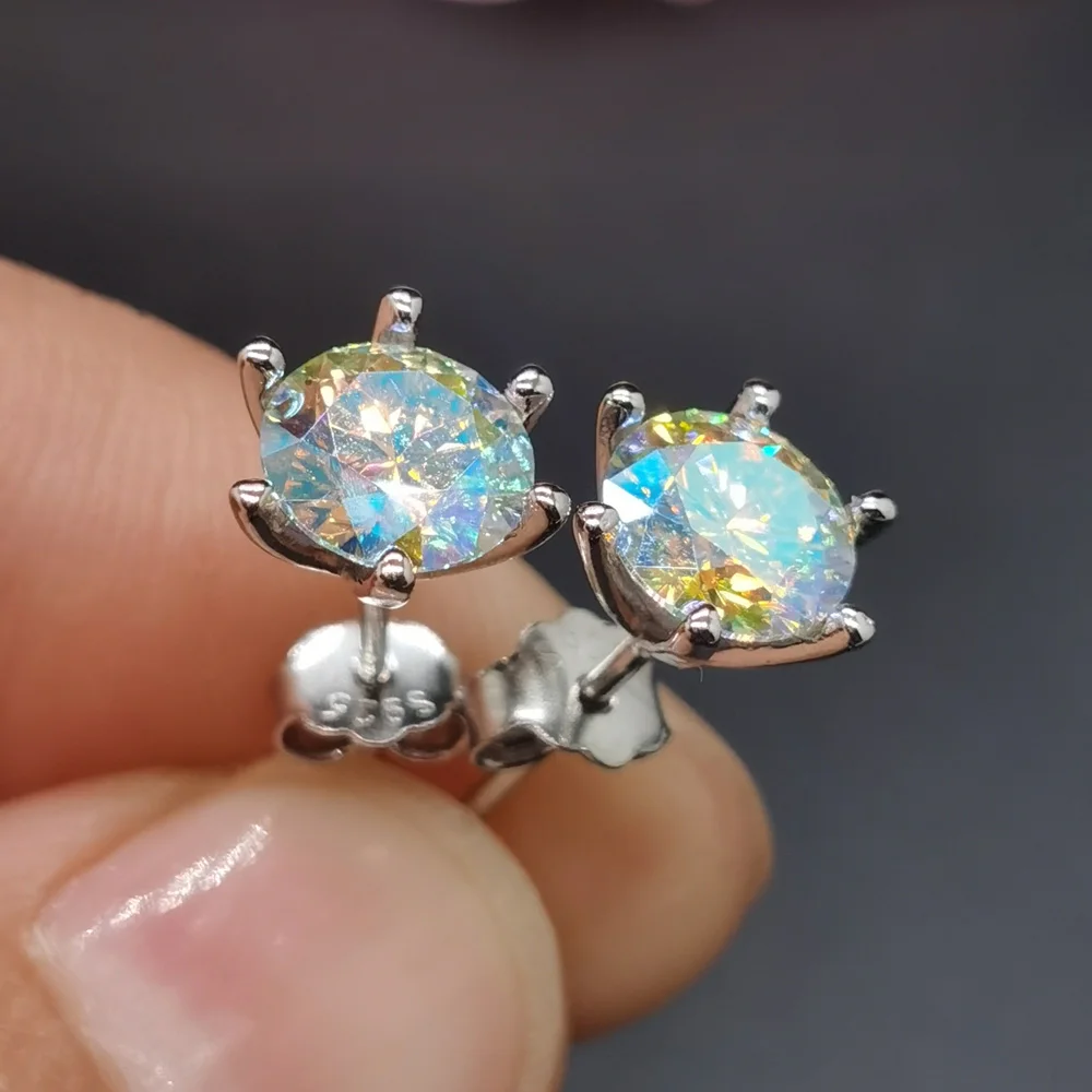 

925 Silver Multicolor Moissanite Earrings Brilliant 6.5mm Total 2ct Moissanite Stud Earring Prevent Allergy Gold Plating Jewelry