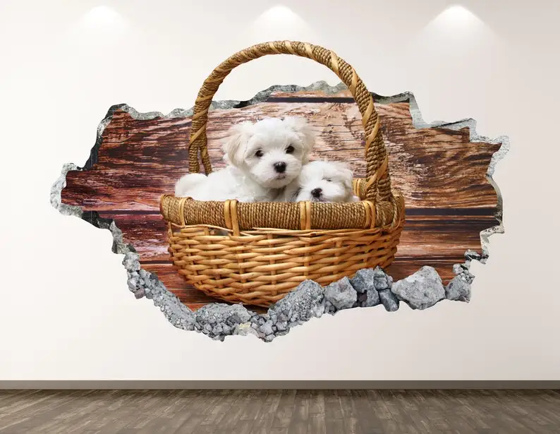 

Puppy Dog Wall Decal - Cute Basket 3D Smashed Wall Art Sticker Kids Room Decor Vinyl Home Poster Custom Gift KD162