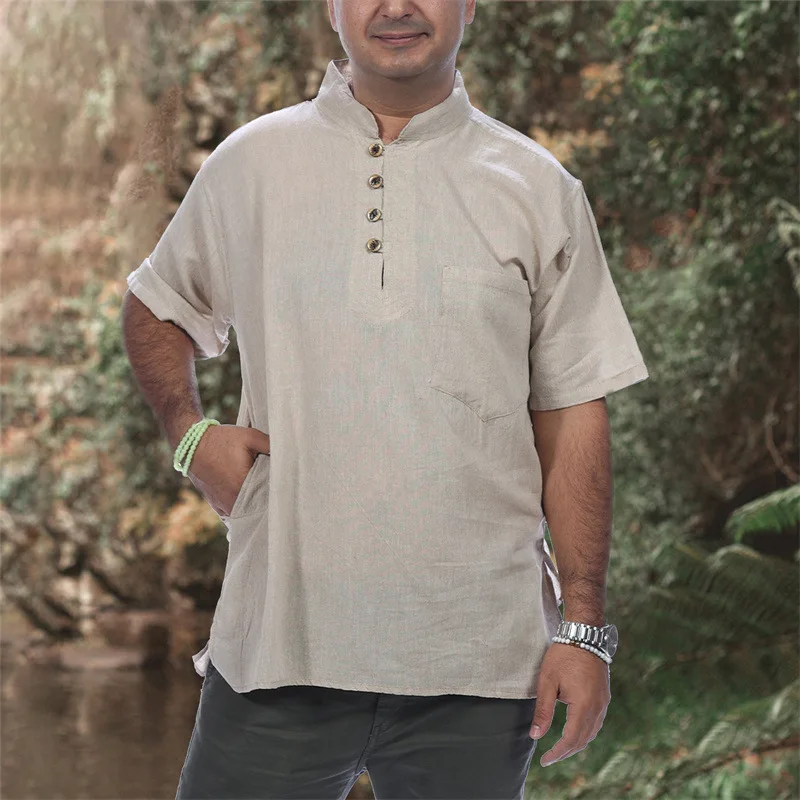 

Men T-shirt Stand Collar Solid Color Large Size Short-sleeved Pure Pullover Single-breasted Summer Cotton Linen Long Top T-shirt