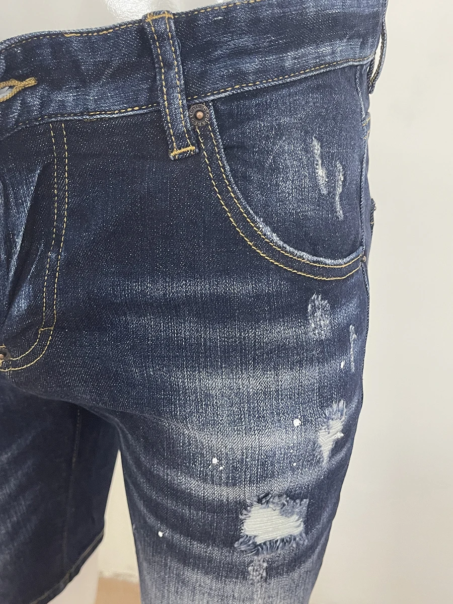 2023 new denim shorts men's Blue D2 jeans slim casual micro-bullet wash printing letters fashion fashion daily