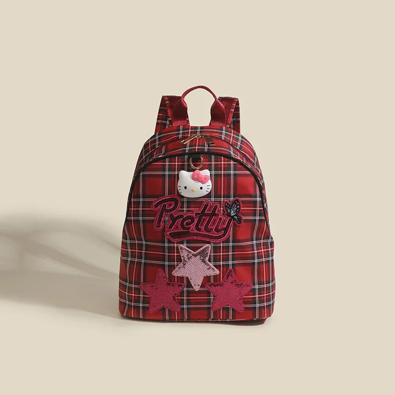 

New Sanrio Hello Kitty Kt Cat Cartoon Schoolbag Girls Student Backpack Lattice Leisure Kawaii Anime Large-Capacity Bag Gifts