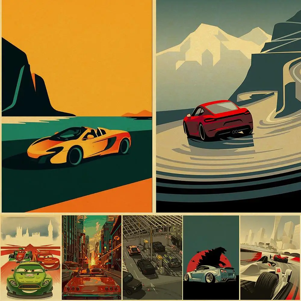

Vintage sports car travel poster print vintage luxury racing graffiti kraft paper painting super sports car wall art