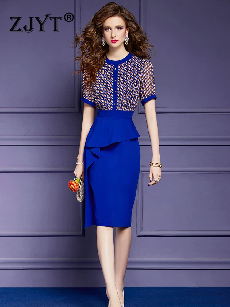 

ZJYT Elegant Lady Business Chic Office Pencil Dress Plus Size 4XL Women 2023 Summer Ruffle Blue Vestidos Formal Party Robe Femme