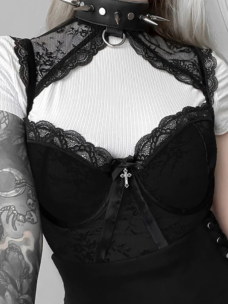 

Goth Dark Mall Gothic Backless Women Sexy Tank Tops Grunge Hollw Out Black Crop Tops Bodyocn Lace Patchwork Summer Alt Clothes