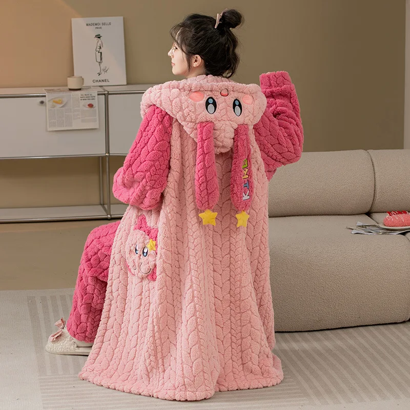 

Kawaii Kirby Anime Hobby Pajamas for Women Winter Plush Long Pajamas Plus Velvet Thickening Home Clothes Set Can Be Worn Outside