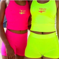 letter 2 piece set women casual neon color tracksuits summer streetwear crop top and shorts sets fashion vest sexy tight hot