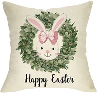 happy easter decorative throw pillow case bunny rabbit sign boxwood wreath decorations holiday cushion cover