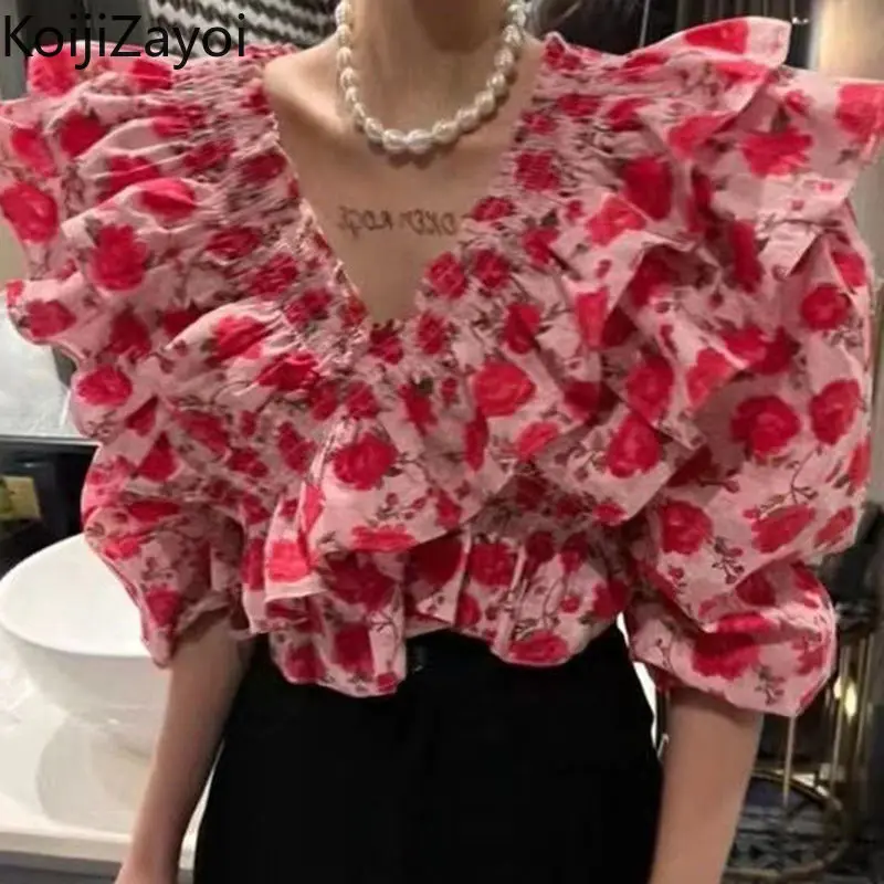 

Koijizayoi Ruffled Women Sweet Flower Blouse V Neck Sumemr Fashion Lady All Match Shirt Outwear Tops Dropshipping Blusas 2022