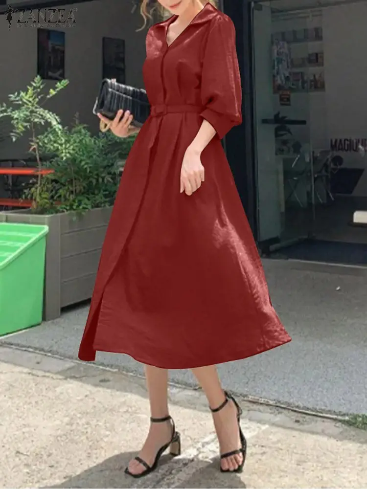 

Elegant Women V Neck Long Sleeve OL Work Dress ZANZEA Fashion Autumn Solid Mid-calf Sundress Casual Belted Kaftan Vestido Robe