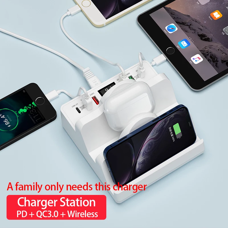 

80W 8 in 1 20W PD Charger Station for Multiple Device 18W QC3.0 Fast Charging 15W Dual Wireless Charger Dock Station Stand