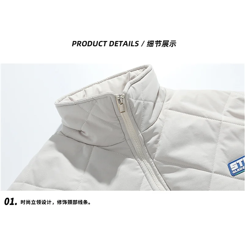 Streetwear Men New Black Stand Collar Rhombic Lattice Cotton-padded Clothes Recreational Comfortable  Down Jacket Winter Female