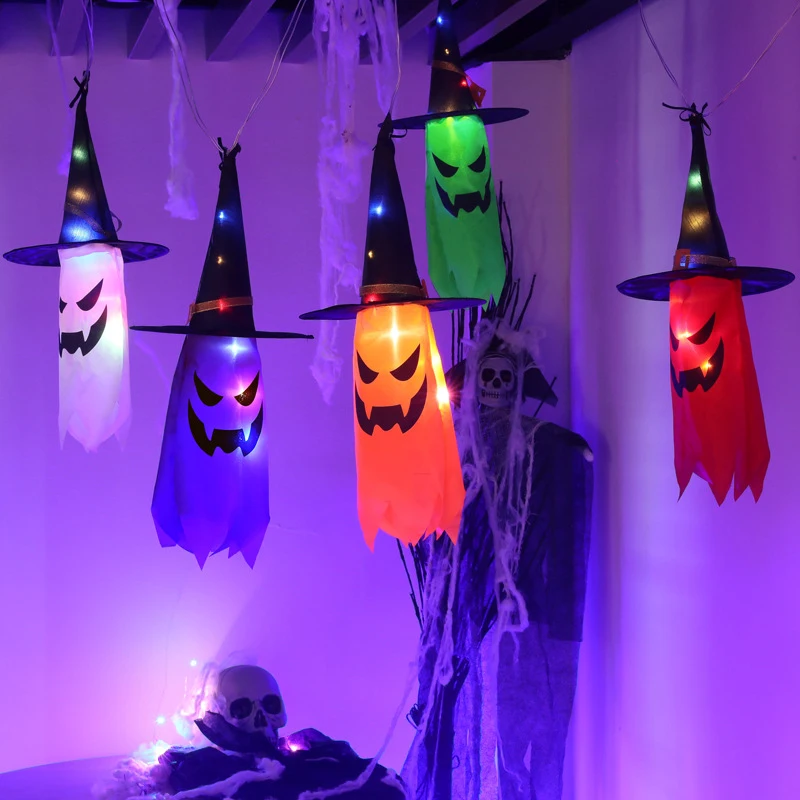 Halloween Hanging Ghost Wizard Hat LED Flashing Light Halloween Party Pendents Glowing Wizard Hats Lamp Horror Props Decoration