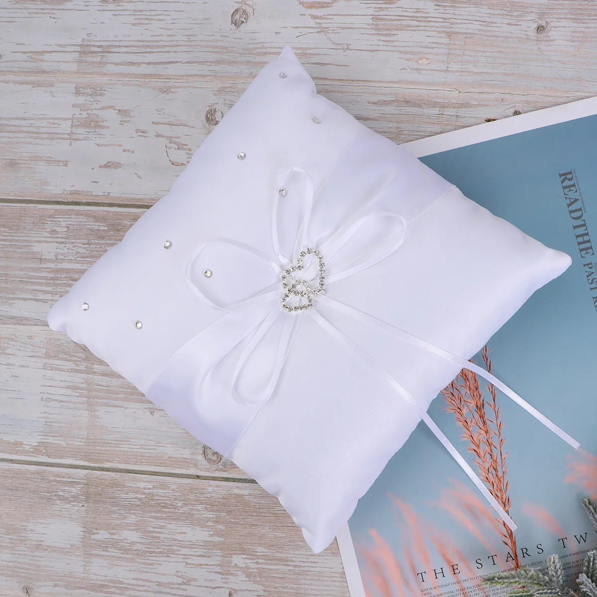 

20*20cm Double Heart Bridal Wedding Ceremony Pocket Ring Bearer Pillow Cushion with Satin Ribbons (White)