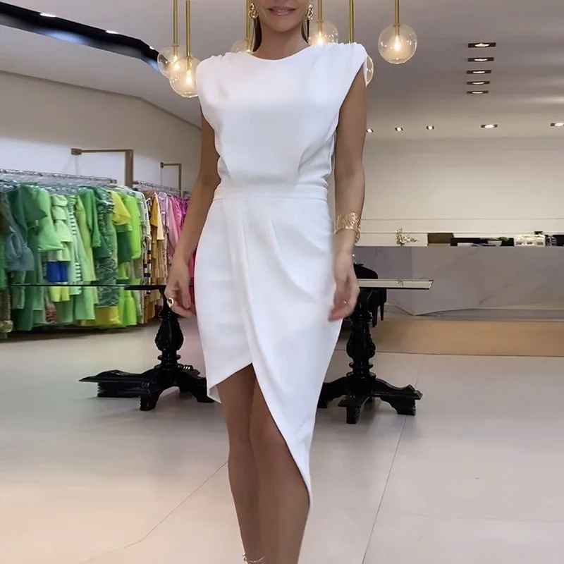 

Sexy Sleeveless A-line Pullover Party Dress Summer Solid Color O-Neck Slim Dress New Fashion Temperament Asymmetric Draped Dress