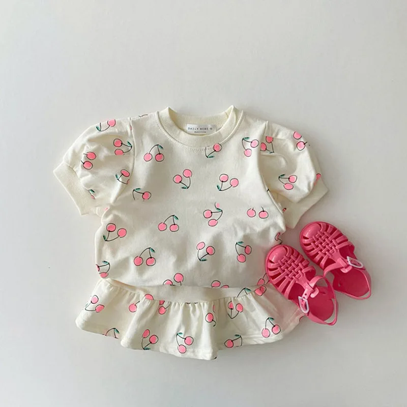 

Summer Clothes For Baby Girl Newborn 2pcs Set Enfant Cotton cherry Print Tee Skirt Toddler Sleepwear Sister Matching Clothes