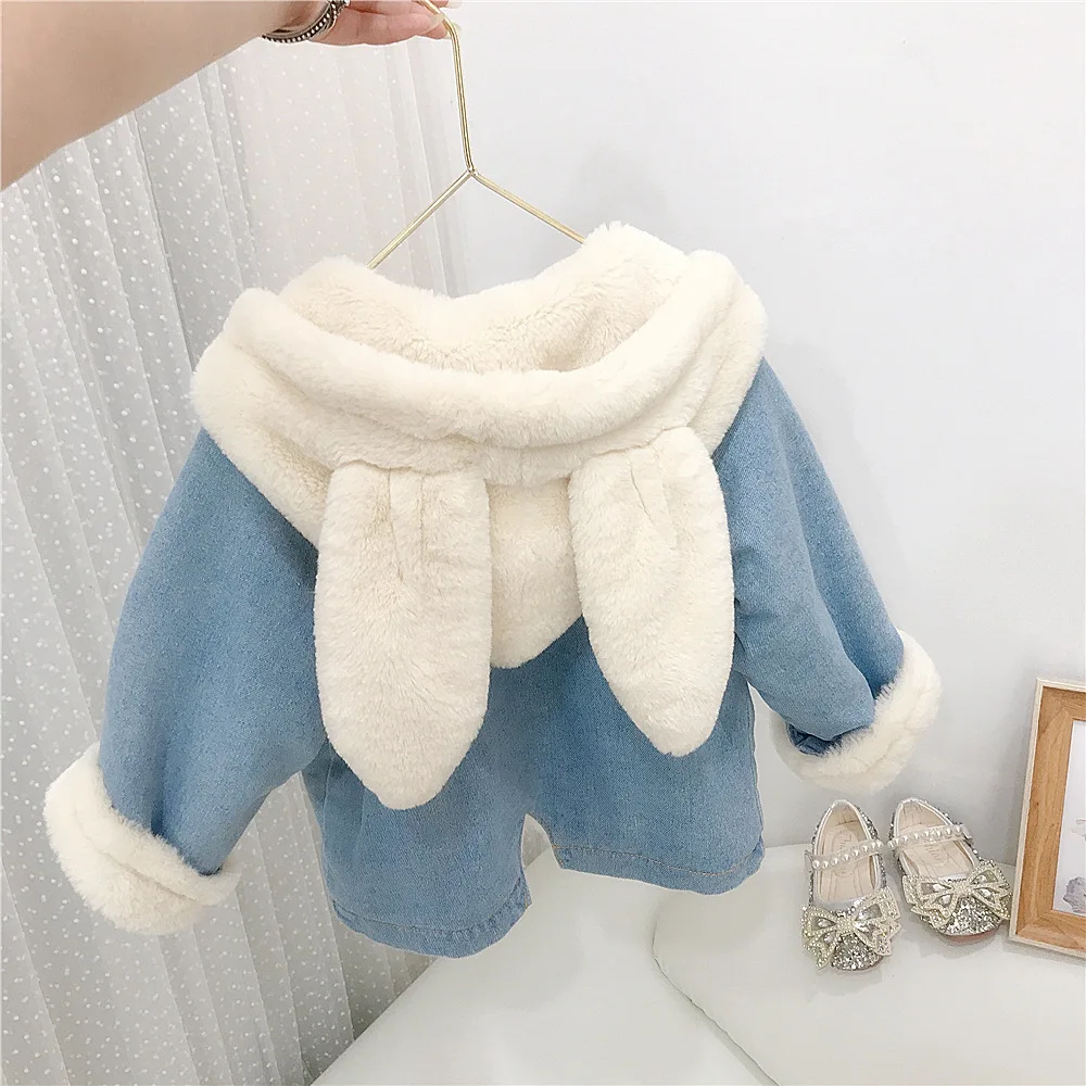 

2022 Winter Girls Cute Rabbit Jeans Coat with Thick Warm Fleece Baby Kids Children Jacket Outerwear