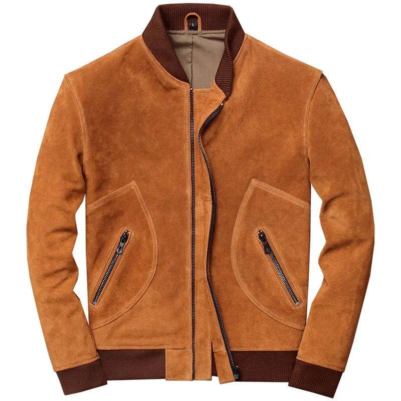 

Autumn and Winter Cowhide Suede Genuine Leather Men's Stand-up Collar Baseball Uniform Distressed Turn fur Motorcycle Jacket