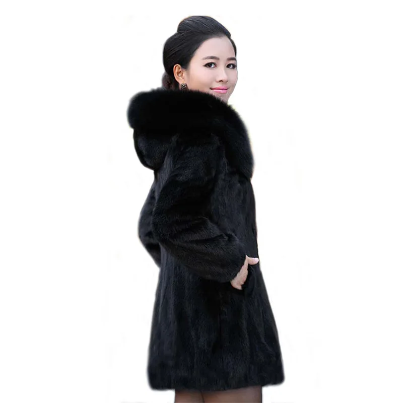 Women's Leather Fur Coat Faux Fur Coat Mink Fur Coat Hooded Fox Fur Collar Mid-Length Faux Fur Coat