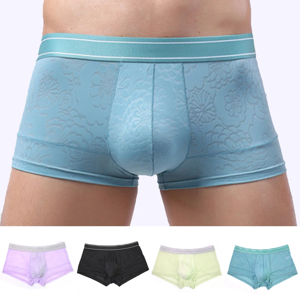 

Mens Ice Silk Boxer Summer Ultra Thin Briefs Patchwork Underwear Man Bulge Pouch Boxers Shorts Mesh Trunks See Through Underpant