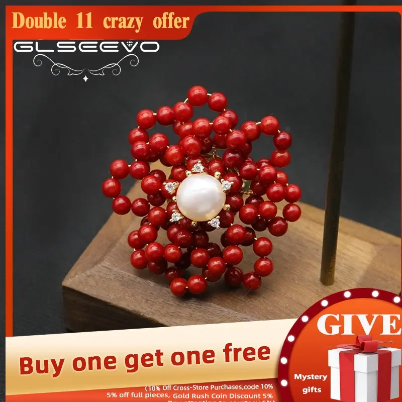 

GLSEEVO Double Red Coral Ring Zircon Natural Freshwater Pearls Luxury Fashion Personality Women Fine Jewelry Bridal Gifts GR0317