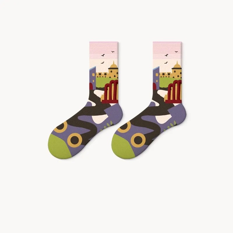 Hot Sale New Arrival Funny Fancy Sock for Women and Men Cotton Cartoon Socks 5 Pairs Retro Street Oil Castle Tropical Forest