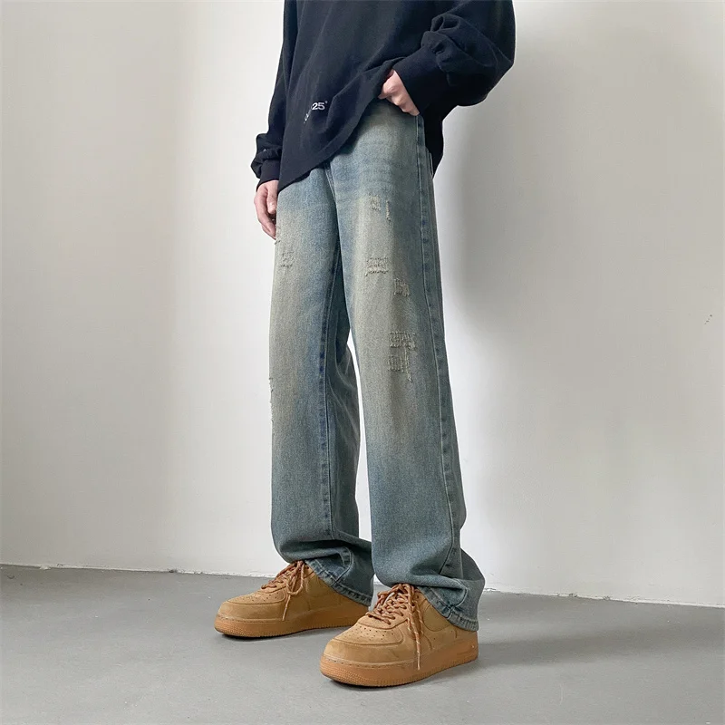 Blue Baggy Jeans Men Fashion Vintage Ripped Jeans Men Streetwear Hip-hop Loose Straight Denim Pants Mens Hole Trousers S-2XL