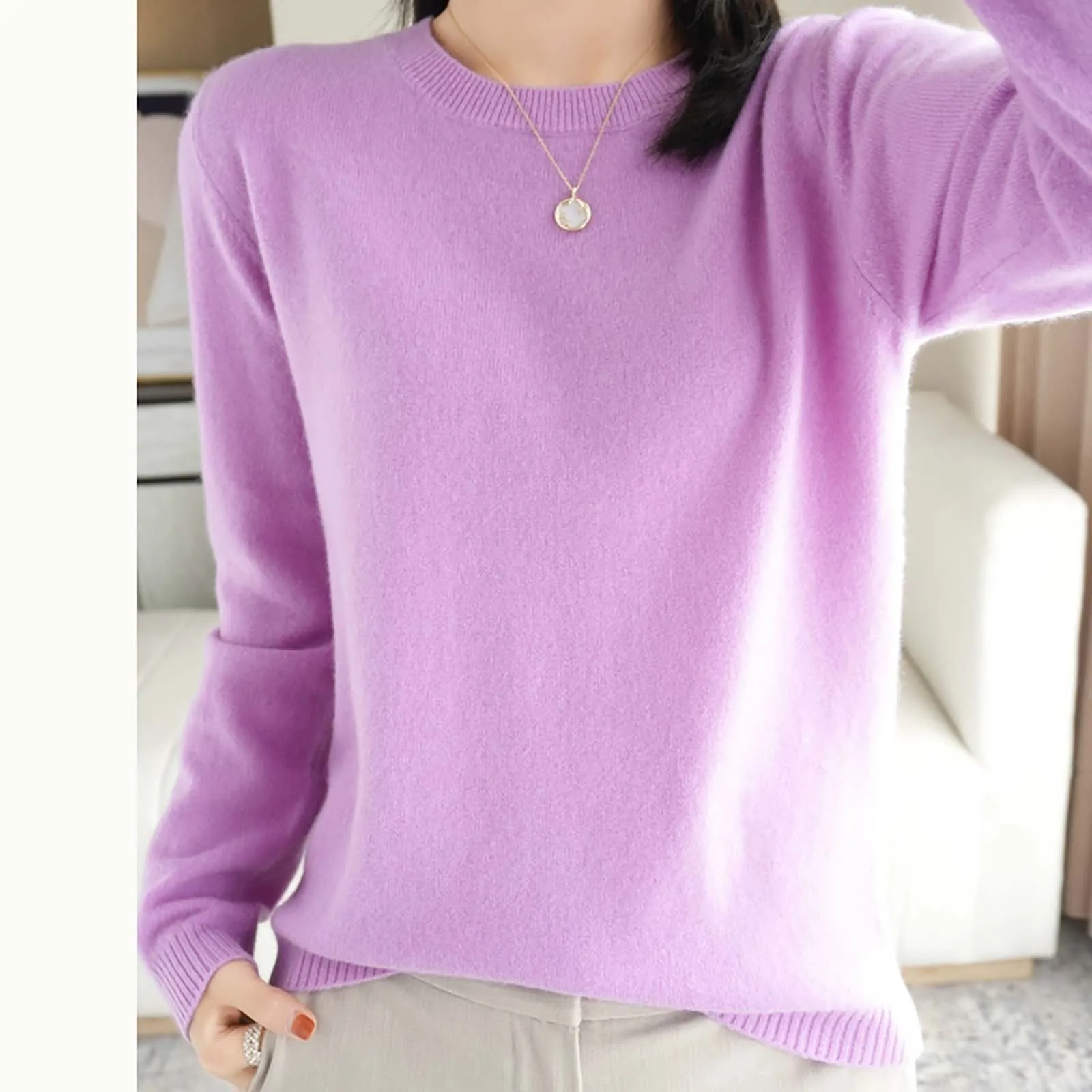 2024 женские однотонные кашемировые свитера с круглым воротником осень-зима