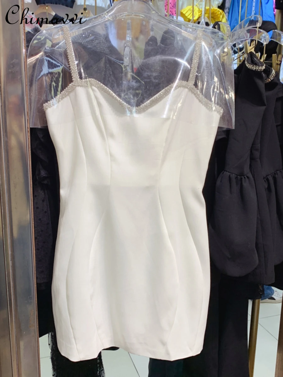 

European Style Dress for Women 2022 Summer New French Rhinestone-Encrusted Chain Strap Dress High Waist Slimming Elegant Dresses