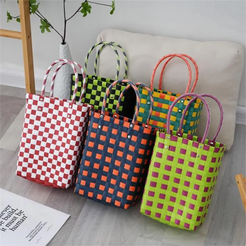 Красочная тканая большая сумка из ПВХ вместительная лоскутная полосатая корзина