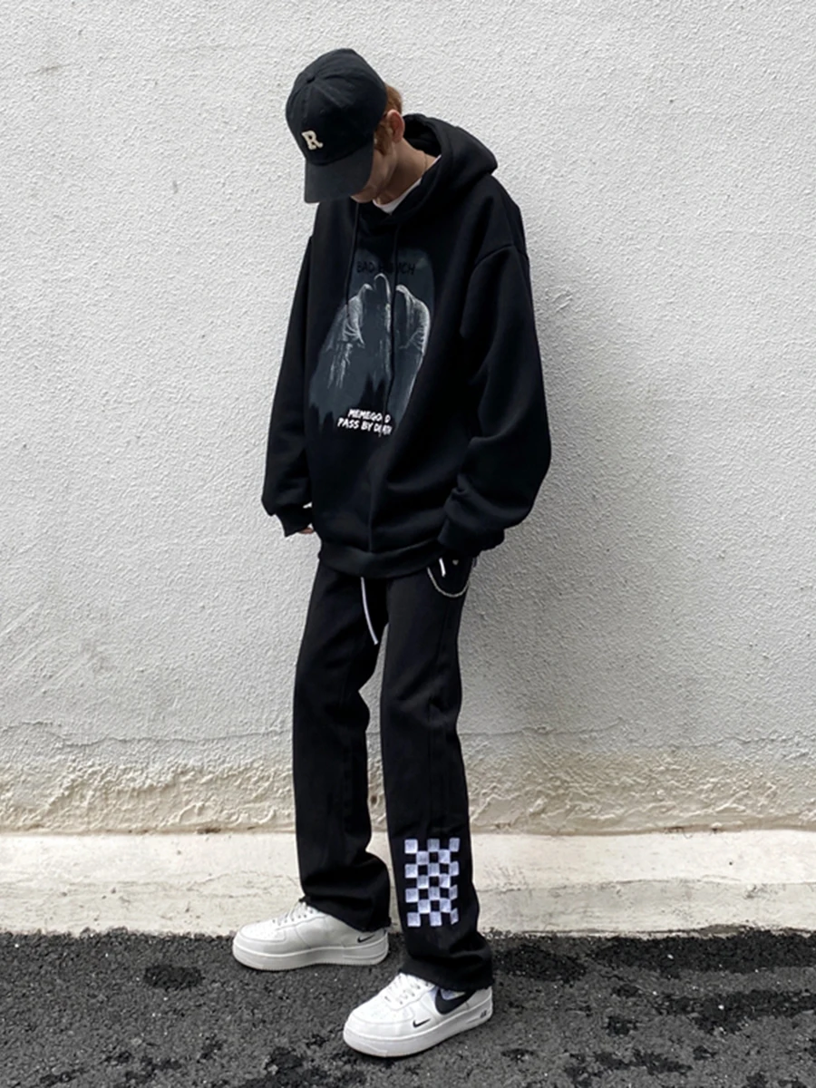 Four Seasons American High Street Checkerboard Embroidery Jeans Hiphop Tide Brand Loose Micro-flare Trousers for Men and Women