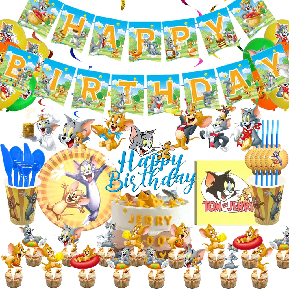 

2022 Cat Eat Mouse Design Toy Cartoon Birthday Party Decoration Cutlery Set Supplies Tom Cat and Mouse Jerry Kids Birthday Gifts