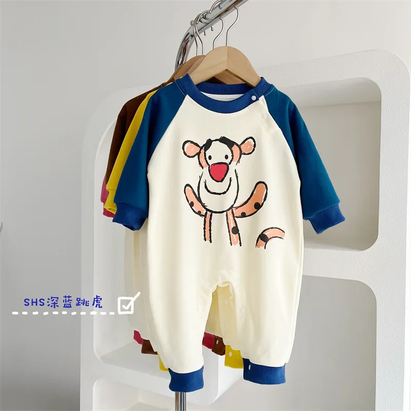 

Spring Long-sleeved Newborn Baby Clothes Disney Character Winnie The Pooh Tigger Motif Trendy Patchwork Sleeves Baby Jumpsuit
