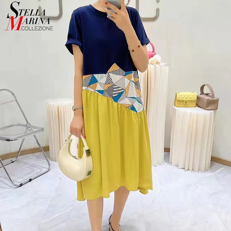

Korean Style Blue Yellow Patchwork Woman New Summer Dress O Neck Short-Sleeved Printed Part Joined Cute Wear Robe Femme MJU006