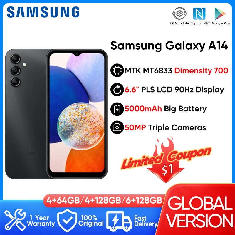 

2023 New Original Samsung Galaxy A14 4G 5G Android 13 Octa-core 50MP Triple Cameras 5000mAh Battery