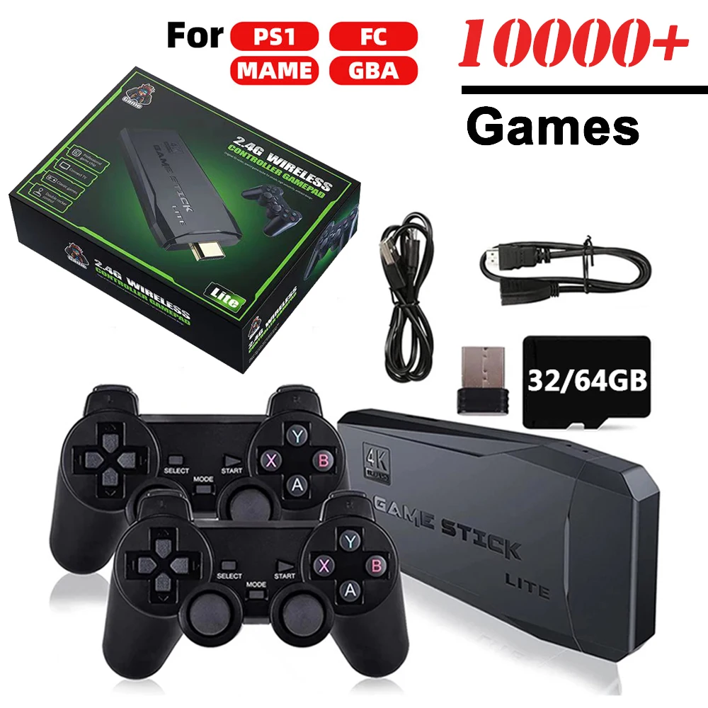 

4K Video Game Console Wireless Controller Gamepad Built-in 10000 Games 64G Retro Handheld Game Player For PS1/FC/GBA Game Stick