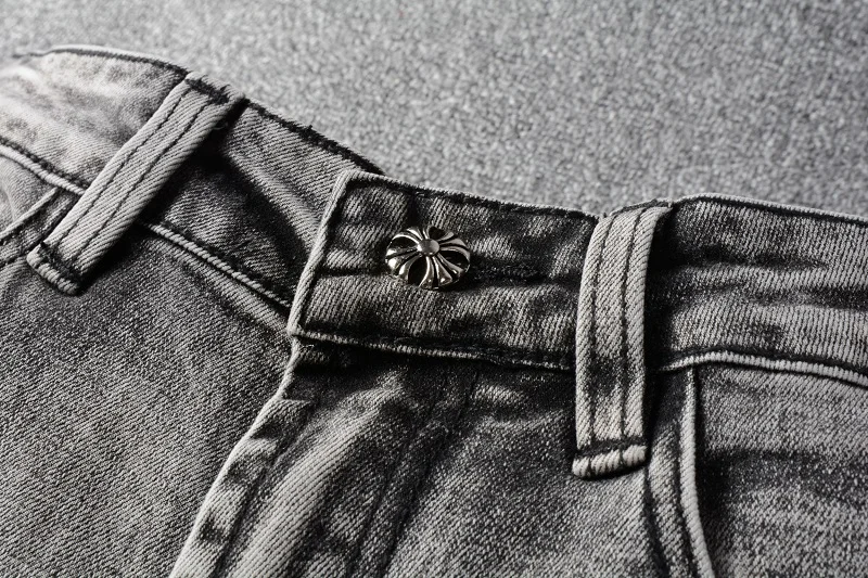 Light Blue Men's Slim Fit Streetwear Pants Fashion Print Pattern Distressed Leather Cross Patches Skinny Stretch Ripped Jeans