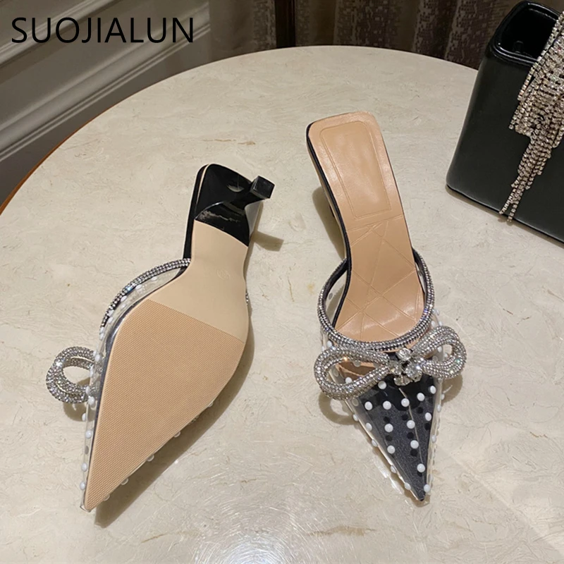 SUOJIALUN 2022 New Spring Women Slipper Bling Crystal Bow-knot Pointed Toe Slip On Mules Shoes Thin High Heel Ladies Sandal Shoe