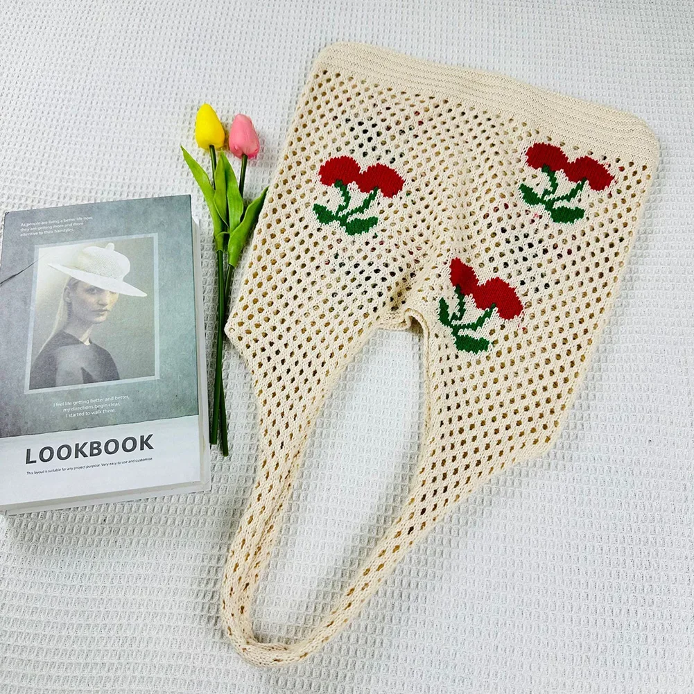 Женская Большая Вместительная Вязаная Сумка-тоут С Крючками И Милым Клубничным