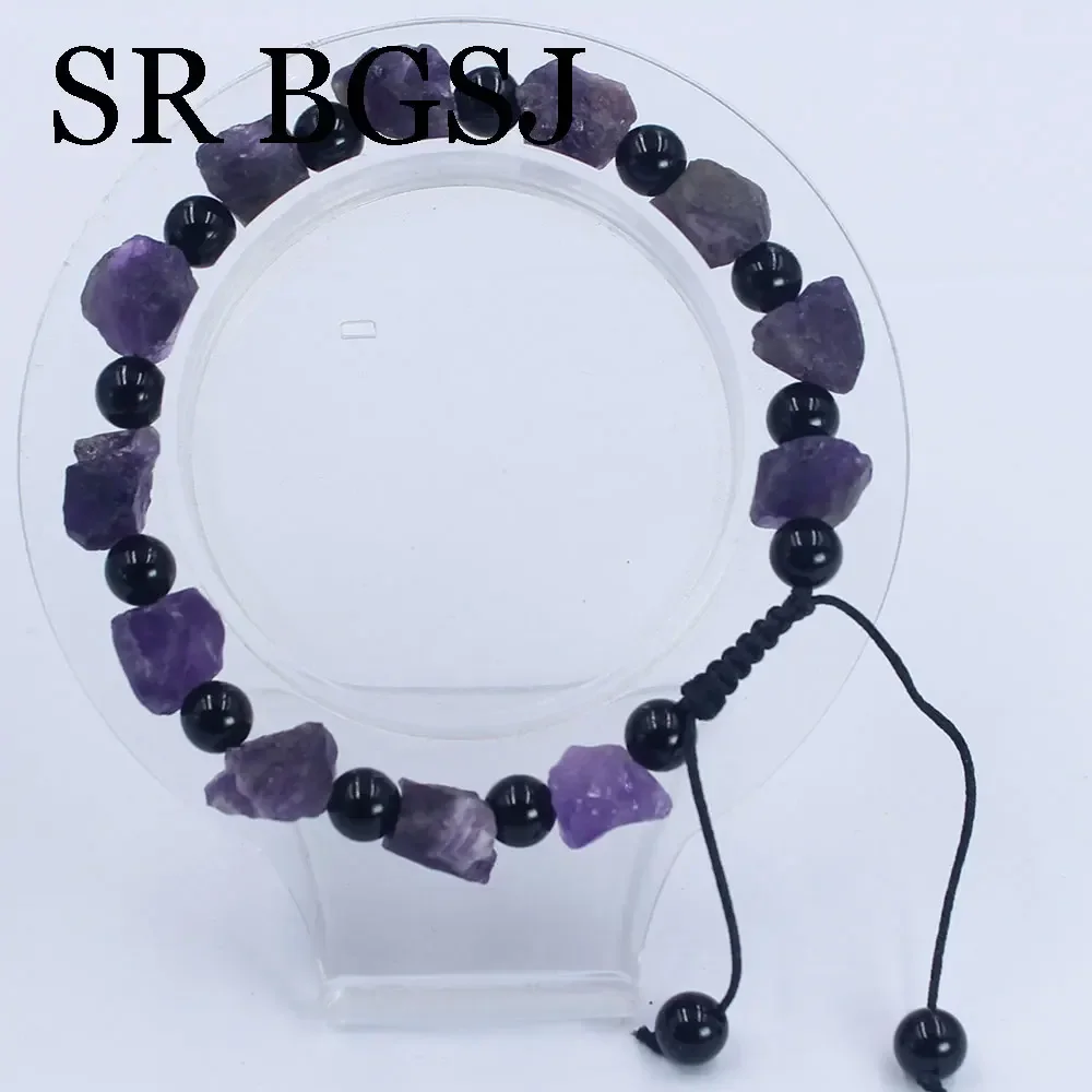 7-8 дюймов 10-11 мм вязаный натуральный необработанный аметист 6 черный обсидиан