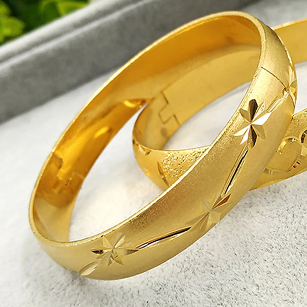 

Star Carved Women Bangle Solid Bracelet 18k Yellow Gold Filled Wedding Bride Trendy Dubai Jewelry Girlfriend Gift 60mm,12mm