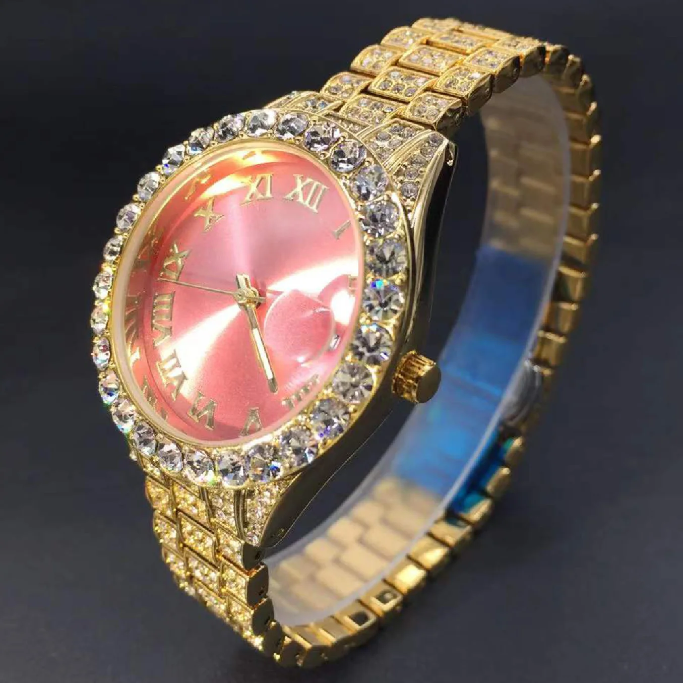 MISSFOX Big Diamond Woman Watches Pink Mother-of-pearl Dial Gold Watch Women Luxury Quartz Round Iced Out Small Wristwatch Lady enlarge
